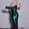 Платье макси на одно плечо с блестками зеленое